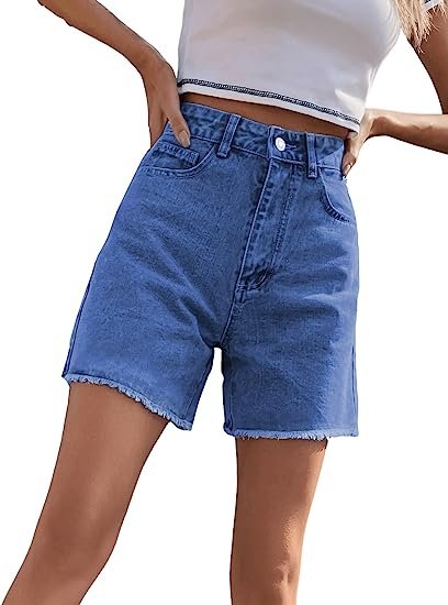 Women's high waisted denim shorts, straight tube raw edge denim shorts