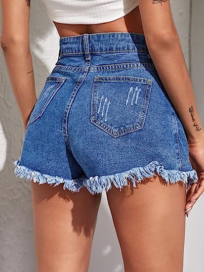 Women's Distressed Frayed High Waist Raw Hem Denim Skirt Shorts
