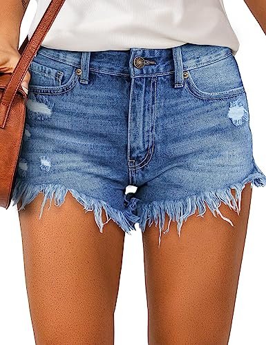 Women's Casual High Waist Denim Shorts Frayed Raw Hem Ripped Jeans