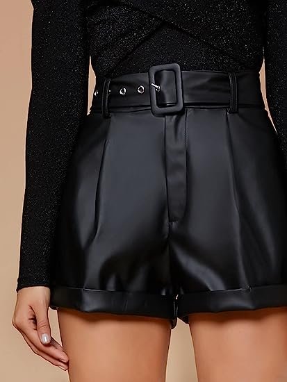 Women's Faux Leather High Waist Rolled PU Leather Shorts
