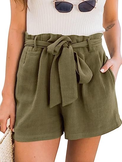 Women's High Waist Linen Shorts Summer Beach Paper Bag Shorts