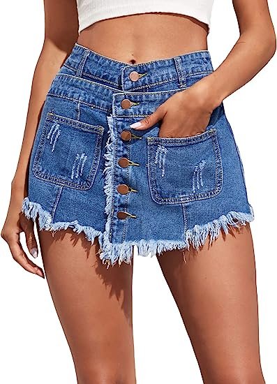 Women's Distressed Frayed High Waist Raw Hem Denim Skirt Shorts