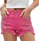 Women's Denim Shorts Mid Waist Frayed Hem Ripped Rhinestone Tassel Denim Shorts